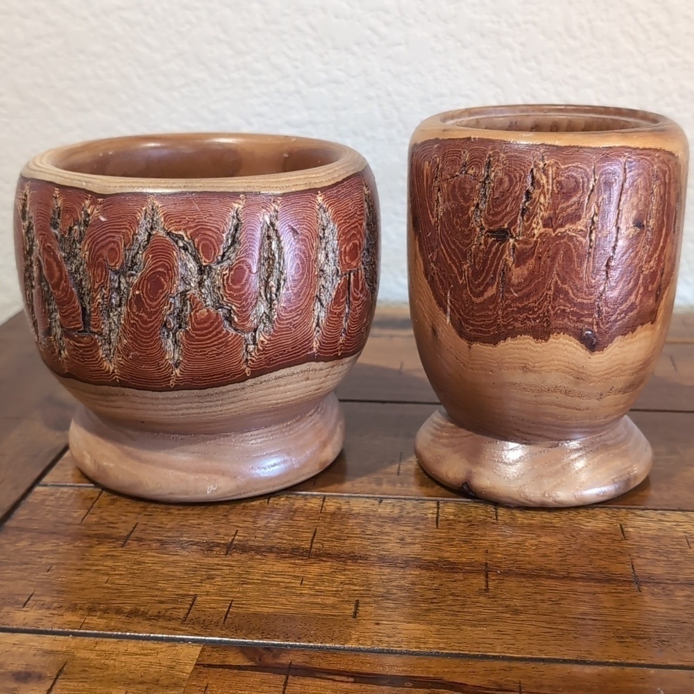 Two Piece Lot - Vintage Hand Turned Raw Edge Ashwood Bowl & Vase - Hand Signed
